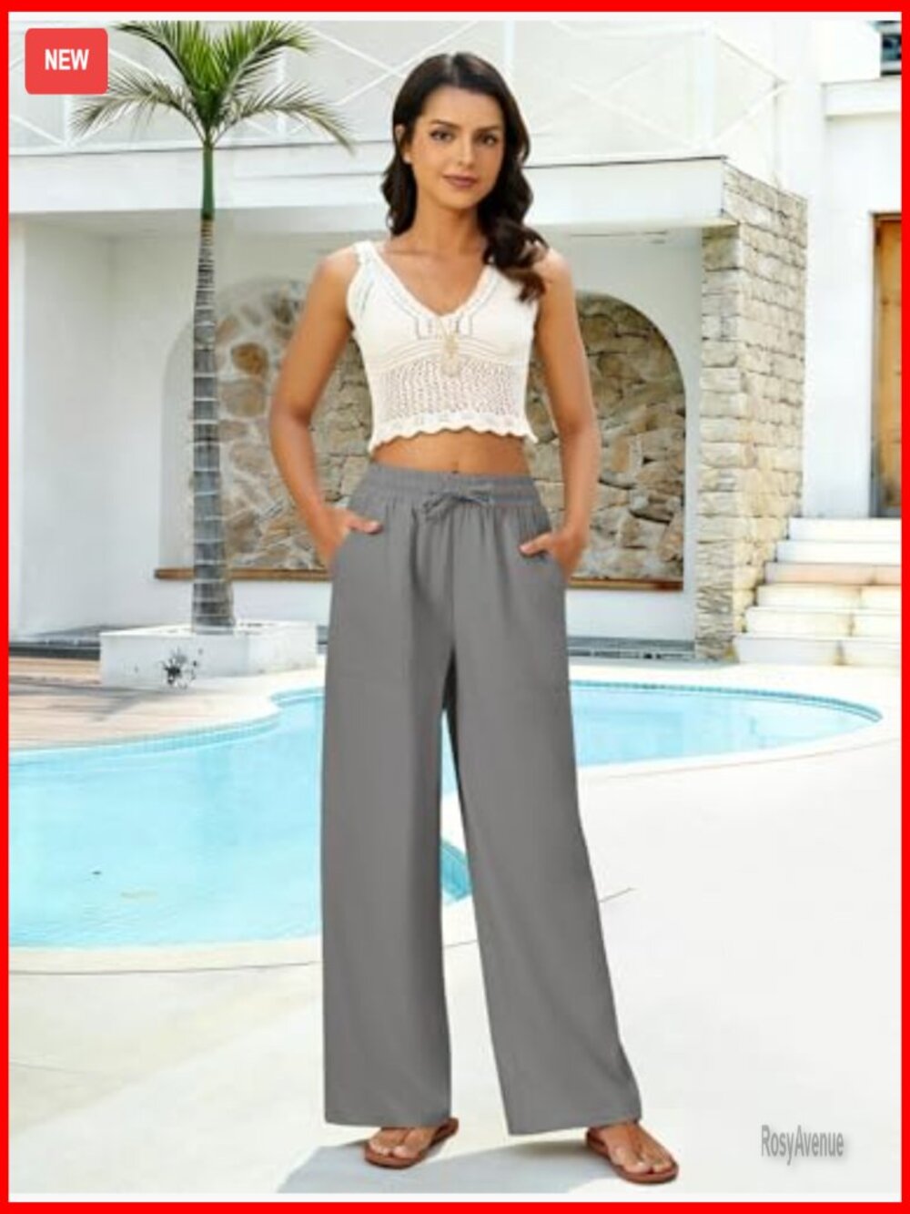 Palazzo Pants Casual Drawstring Flowy Wide Leg Summer Beach Linen Trousers with - Picture 2 of 7